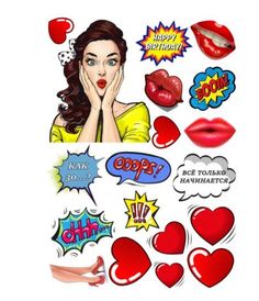 a woman with red lipstick and various stickers on her face, including hearts, speech bubbles