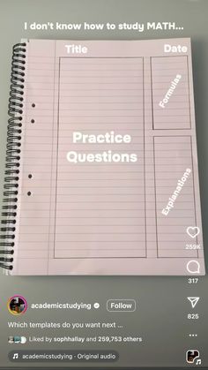 a notebook with the words practice questions written on it