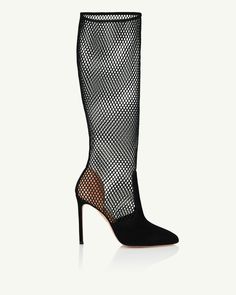 Theres no debate: our Brera Mesh Boots are the hottest shoe of the season. Expertly crafted from black suede, they have a softly pointed toe and a wide shaft crafted from see-through mesh that reveals peeks of skin. 105 mm stiletto heels complete this simple yet striking pair. Farfetch Shoes, Mesh Boots, Wedding Guest Bags, Aquazzura Shoes, Hot Shoes, Day Bag, Mule Flat, Pump Sandals, Leather Care