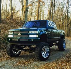 a black truck parked on top of a dirt road in the woods with trees behind it