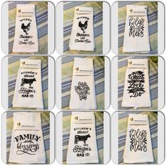 twelve tea towels with farm animals and words on them, all printed in black ink