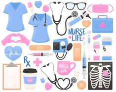 various medical items arranged in a circle on a white background with the words nurse life