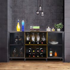 a cabinet with bottles and glasses on it