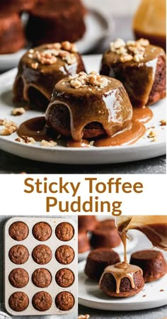 sticky toffe pudding is being drizzled with caramel sauce and topped with nuts