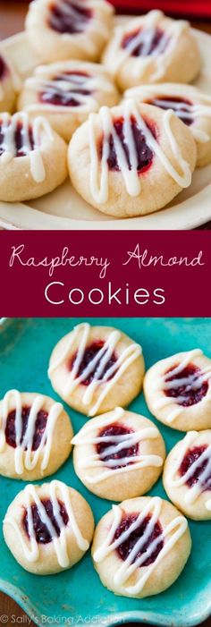 raspberry almond cookies with white icing on a blue plate next to the recipe