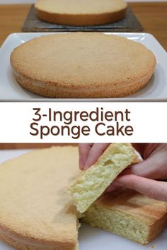 3 ingredient sponge cake on a white plate with the top cut off and ready to be eaten