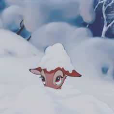 an animated sheep is standing in the snow with its nose open and eyes wide open