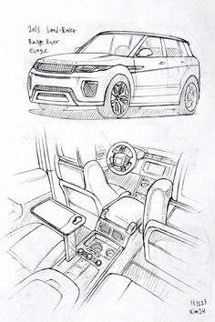 two sketches of the interior and dashboard of a vehicle