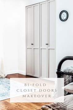 a bedroom with white closets and wooden floors