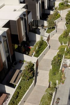 an aerial view of some houses with plants growing on them