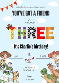 a birthday party with cartoon characters on the front and back of it's card