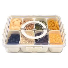 a plastic container filled with different types of food and cereals on top of each other