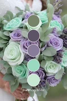 the bride's bouquet is filled with purple and green roses, greenery, and foliage