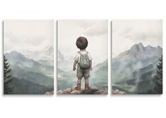 three paintings of a boy standing on top of a mountain with mountains in the background