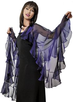 "You will feel yourself as a queen, wearing this airy elegant wrap with ruffles, made with Dark Violet color of iridescent silk chiffon. Unique beauty created by gorgeous play from dark purple, deep violet with black shimmery shade. Dimensions: The full length of the scarf is about 76\" and the width on the central widest part is about 15\". Central piece: width - 16\" length - 71\" Ruffles: width - 6\" Swatches available! Please make an informed purchase. You can order fabric or feather swatche Silk Shawl Outfit, Angelic Style Essence, Angelic Style, Dark Purple Dress, Shawl Outfit, Purple Shawl, Ethereal Essence, Dressy Jeans, Evening Wrap