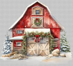 a watercolor painting of a red barn with christmas decorations and wreaths on it