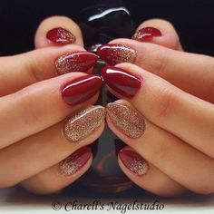 Rose Gold Nails Glitter, Gold Manicure, Red And Gold Nails, Red Nails Glitter, Gold Nail Designs, Rosé Gold, Gold Nail