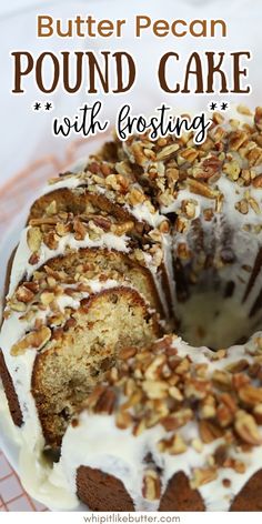 a bundt cake with frosting and nuts on top