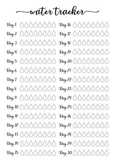 a printable water tracker is shown in black and white, with the words water tracker written