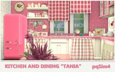 a kitchen and dining room with pink appliances in the background, including a potted plant