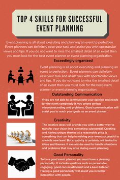 the top 4 skills for successful event planning info sheet with images and text on it