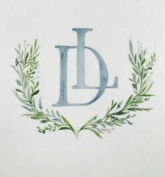 a watercolor painting of the letter d with leaves and berries around it on a white background