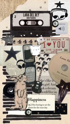 a collage with an old fashioned phone, tape recorder and other things on it