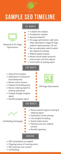 an info sheet with the words sample seo time line on it and icons in orange