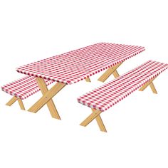 two red and white checkered picnic tables with wooden legs