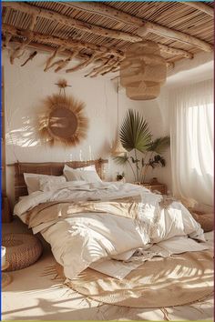 an unmade bed with white sheets and pillows in a room that has sun streaming through the windows