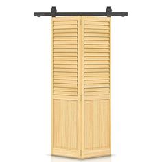 an open wooden door with shutters on the top and bottom, against a white background