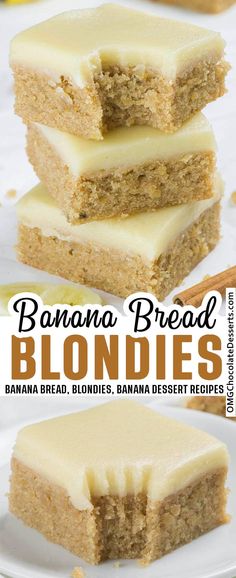 banana bread blondies are stacked on top of each other