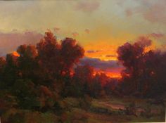 an oil painting of a sunset with trees in the foreground and clouds in the background