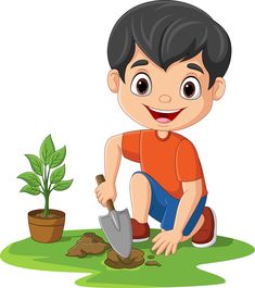 a young boy digging in the ground with a shovel and potted plant behind him