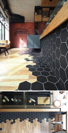 two pictures side by side, one with black and white tiles on the floor and another with wood floors