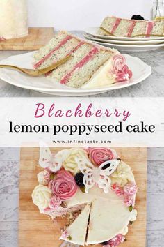 a lemon poppy seed cake on a cutting board with the words blackberry lemon poppy seed cake