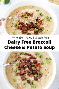 two bowls of dairy - free broccoli cheese and potato soup with text overlay