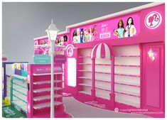 a pink toy store with barbie dolls on the wall and shelves in front of it