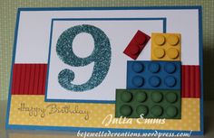 a birthday card made with lego blocks and the number nine