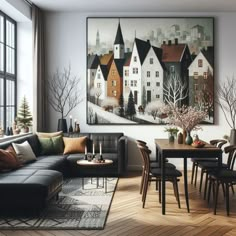 a living room filled with furniture and a painting hanging on the wall above a table