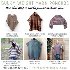 four knitted sweaters with text that says, bulky weight yarn ponchos