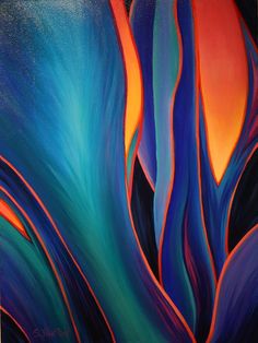 an abstract painting with blue, orange and green colors on it's surface is shown