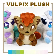 three stuffed animals are sitting next to each other with the words vulpix plush on them