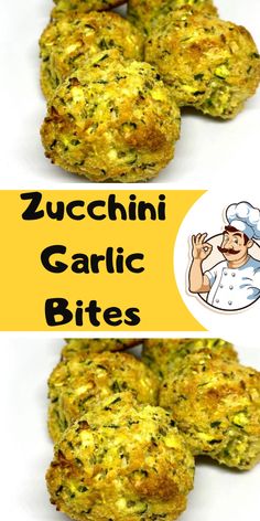 two pictures of some food with the words zucchini garlic bites on top and bottom