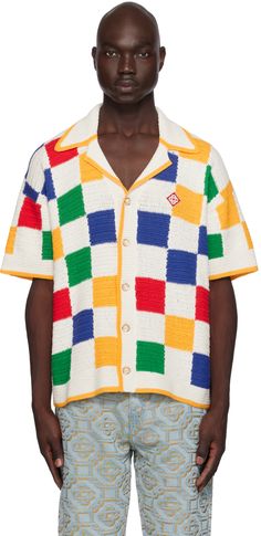 Crocheted cotton shirt. Check pattern throughout. · Open spread collar · Button closure · Embroidered logo patch at chest · Mother-of-pearl hardware Supplier color: Multi Patterns Clothing, Formal Coat, Palette Design, Color Palette Design, Check Pattern, Casablanca, Y2k Fashion, Chess, Clothing Patterns