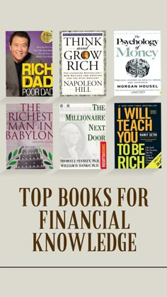 the top books for financial knowledge are on display in front of a white background with brown lettering