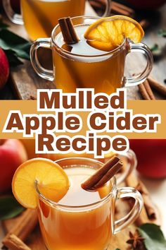 mulled apple cider recipe in two mugs with cinnamon sticks and orange slices