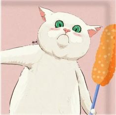 a white cat with green eyes holding a carrot