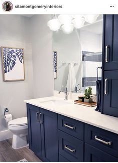 a white toilet sitting next to a bathroom sink under a large mirror on top of a wall