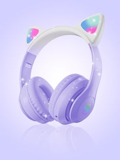 purple headphones with cat ears and stars on them